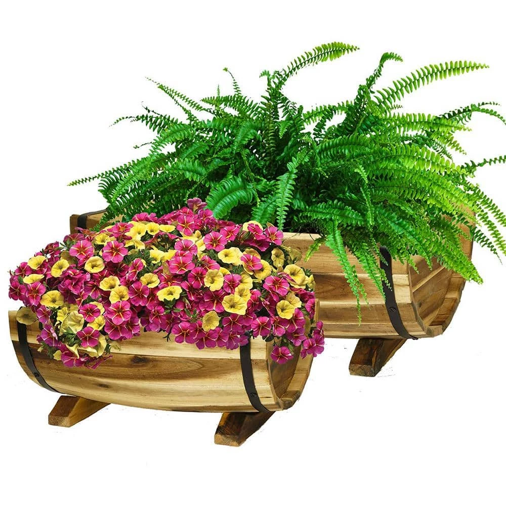 Classic Home & Garden Acacia Wood Half Barrel Planters (Set of 2) 4 Classic Home & Garden Acacia Wood Half Barrel Planters (Set of 2) - Image 2