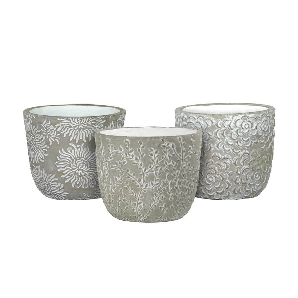 Classic Home & Garden Flora 6 in. Gray Cement Planters with White Interior Assorted (Set of 3) 3 Classic Home & Garden Flora 6 in. Gray Cement Planters with White Interior Assorted (Set of 3)