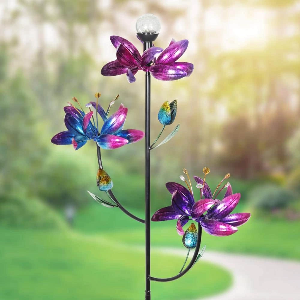 Exhart Triple Kinetic Tropical Flower Spinner 5.83 ft. Multicolor Metal Garden Stake 4 Exhart Triple Kinetic Tropical Flower Spinner 5.83 ft. Multicolor Metal Garden Stake - Image 2