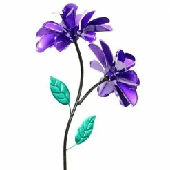 Exhart Double Rose Spinning 3.23 ft. Purple Metal Garden Stake