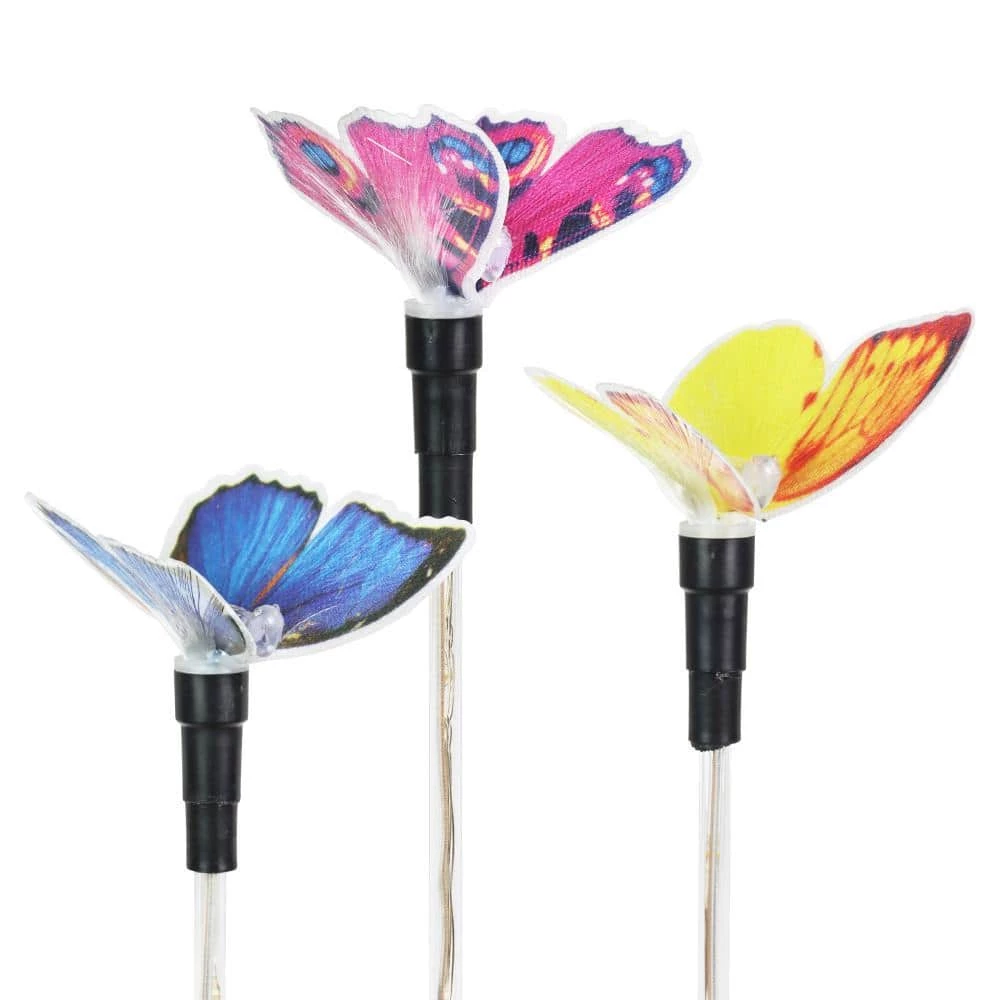 Exhart 2.02 ft. Solar Fiber Optic Butterfly Assortment with Color Changing LEDs Multi-Color Plastic Plant Stakes (3-Pack) 4 Exhart 2.02 ft. Solar Fiber Optic Butterfly Assortment with Color Changing LEDs Multi-Color Plastic Plant Stakes (3-Pack) - Image 2