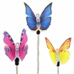 Exhart 2.02 ft. Solar Fiber Optic Butterfly Assortment with Color Changing LEDs Multi-Color Plastic Plant Stakes (3-Pack)