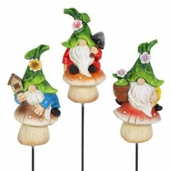 Exhart Leaf Hat Gnomes Sitting on Mushrooms 0.75 ft. Multi-Color Resin Plant Stakes (3-Pack)