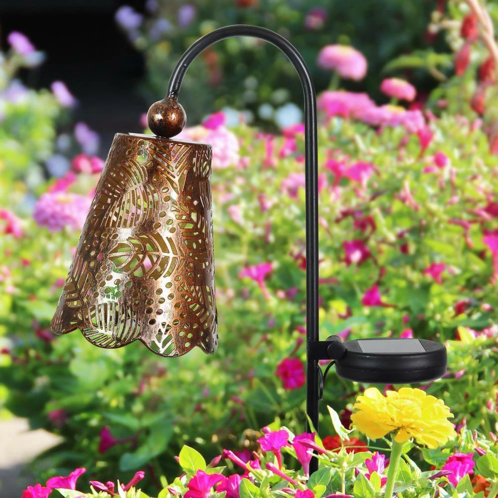 Exhart 2.95 ft. Bronze Metal Garden Stake Solar Filigree Shade with Leaf Pattern 4 Exhart 2.95 ft. Bronze Metal Garden Stake Solar Filigree Shade with Leaf Pattern - Image 2