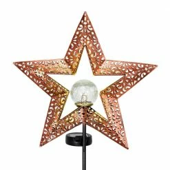 Exhart Solar Filigree Star with Glass Crackle Ball Center 2.69 ft. Bronze Metal Garden Stake
