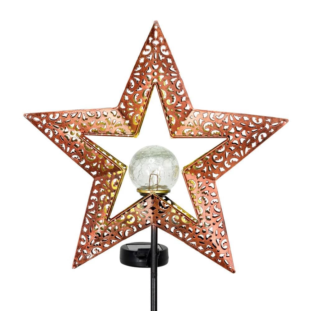 Exhart Solar Filigree Star with Glass Crackle Ball Center 2.69 ft. Bronze Metal Garden Stake 3 Exhart Solar Filigree Star with Glass Crackle Ball Center 2.69 ft. Bronze Metal Garden Stake