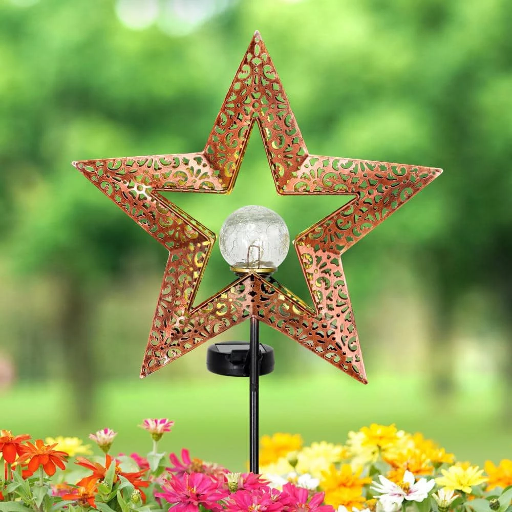 Exhart Solar Filigree Star with Glass Crackle Ball Center 2.69 ft. Bronze Metal Garden Stake 4 Exhart Solar Filigree Star with Glass Crackle Ball Center 2.69 ft. Bronze Metal Garden Stake - Image 2