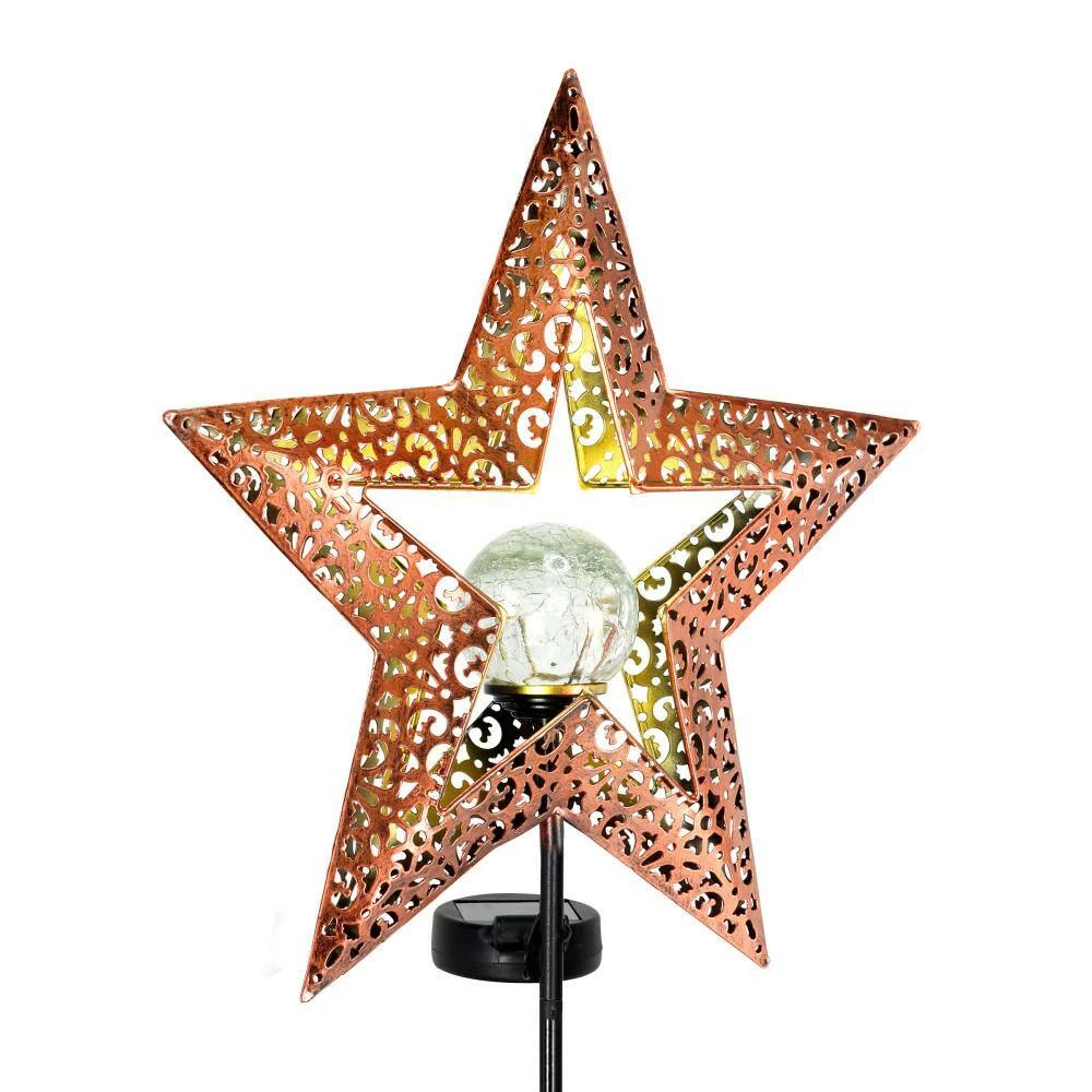 Exhart Solar Filigree Star with Glass Crackle Ball Center 2.69 ft. Bronze Metal Garden Stake 8 Exhart Solar Filigree Star with Glass Crackle Ball Center 2.69 ft. Bronze Metal Garden Stake - Image 6