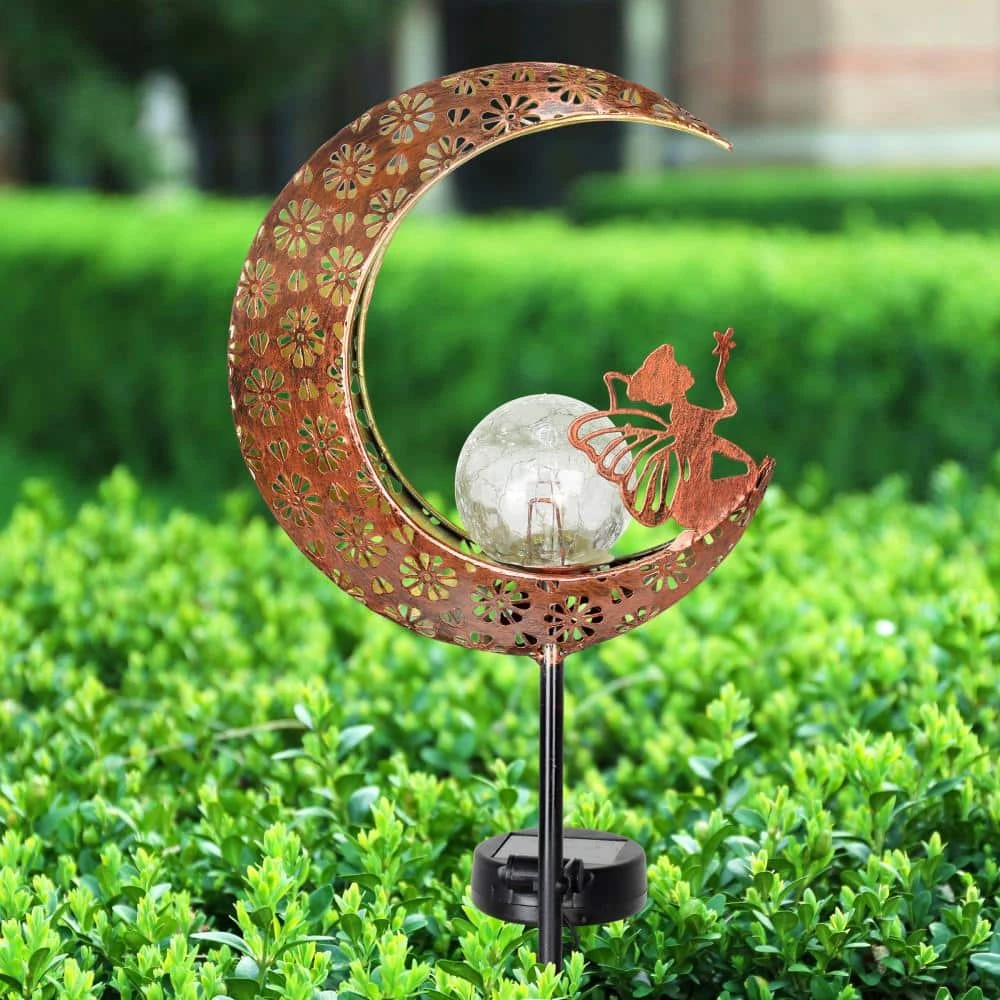 Exhart Solar Filigree Moon Stake with Crackle Ball Center 3.21 ft. Bronze Metal Garden Stake 4 Exhart Solar Filigree Moon Stake with Crackle Ball Center 3.21 ft. Bronze Metal Garden Stake - Image 2