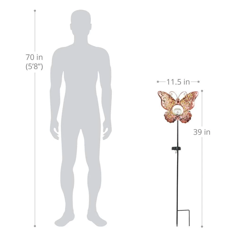 Exhart Solar Fleur de Lis Filigree Butterfly with Glass Crackle Ball Center 3.25 ft. Bronze Metal Garden Stake 6 Exhart Solar Fleur de Lis Filigree Butterfly with Glass Crackle Ball Center 3.25 ft. Bronze Metal Garden Stake - Image 4