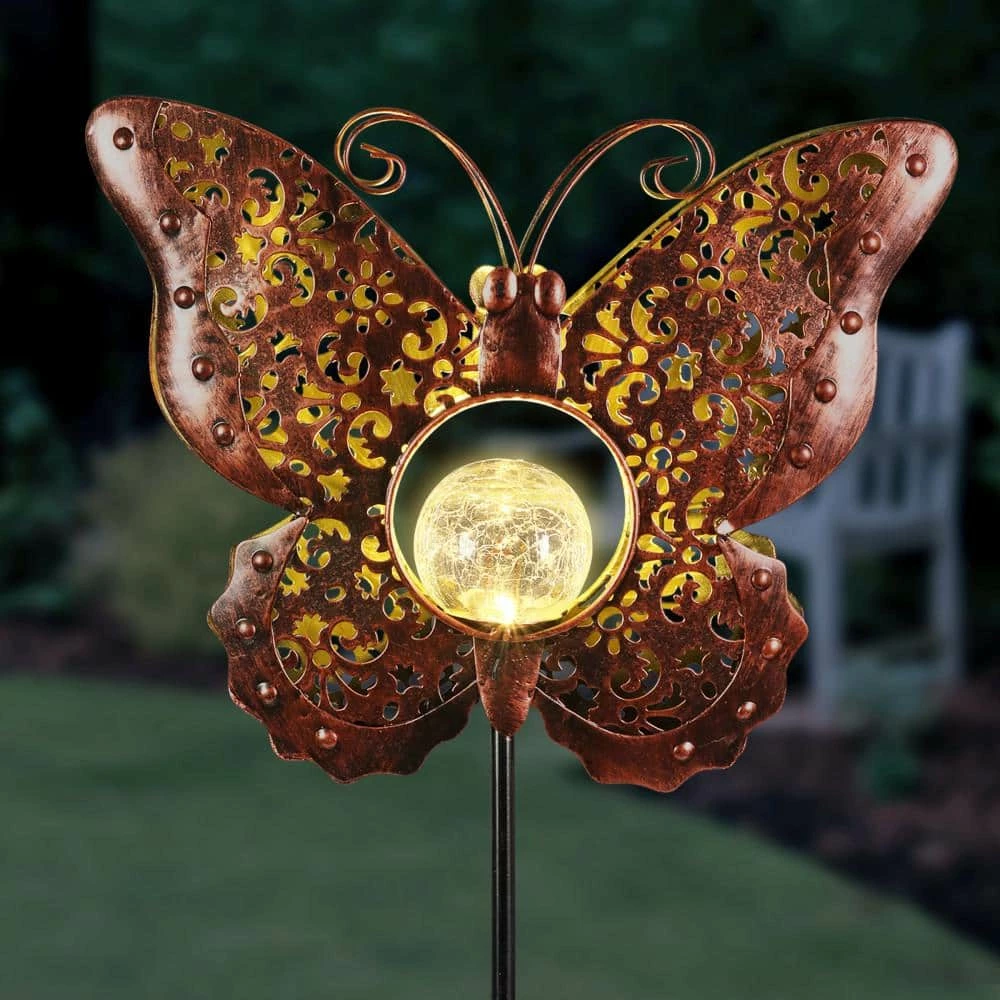 Exhart Solar Fleur de Lis Filigree Butterfly with Glass Crackle Ball Center 3.25 ft. Bronze Metal Garden Stake 10 Exhart Solar Fleur de Lis Filigree Butterfly with Glass Crackle Ball Center 3.25 ft. Bronze Metal Garden Stake - Image 8