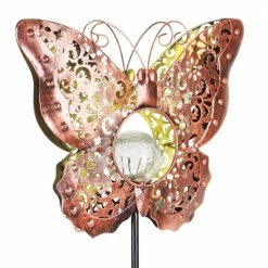 Exhart Solar Fleur de Lis Filigree Butterfly with Glass Crackle Ball Center 3.25 ft. Bronze Metal Garden Stake 14 Exhart Solar Fleur de Lis Filigree Butterfly with Glass Crackle Ball Center 3.25 ft. Bronze Metal Garden Stake -Cheap Good Directions Store exhart decorative garden stakes 72767 rs 44 1000