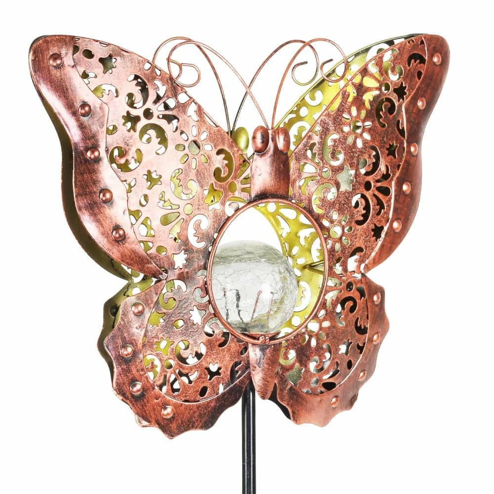 Exhart Solar Fleur de Lis Filigree Butterfly with Glass Crackle Ball Center 3.25 ft. Bronze Metal Garden Stake 7 Exhart Solar Fleur de Lis Filigree Butterfly with Glass Crackle Ball Center 3.25 ft. Bronze Metal Garden Stake - Image 5
