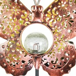 Exhart Solar Fleur de Lis Filigree Butterfly with Glass Crackle Ball Center 3.25 ft. Bronze Metal Garden Stake 12 Exhart Solar Fleur de Lis Filigree Butterfly with Glass Crackle Ball Center 3.25 ft. Bronze Metal Garden Stake -Cheap Good Directions Store exhart decorative garden stakes 72767 rs 4f 1000