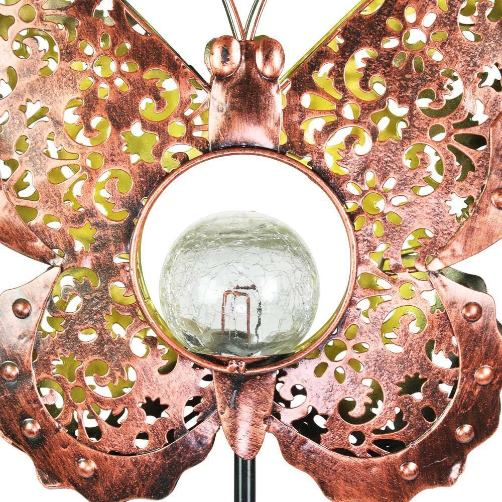 Exhart Solar Fleur de Lis Filigree Butterfly with Glass Crackle Ball Center 3.25 ft. Bronze Metal Garden Stake 5 Exhart Solar Fleur de Lis Filigree Butterfly with Glass Crackle Ball Center 3.25 ft. Bronze Metal Garden Stake - Image 3