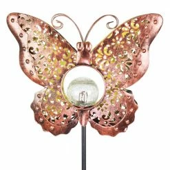 Exhart Solar Fleur de Lis Filigree Butterfly with Glass Crackle Ball Center 3.25 ft. Bronze Metal Garden Stake