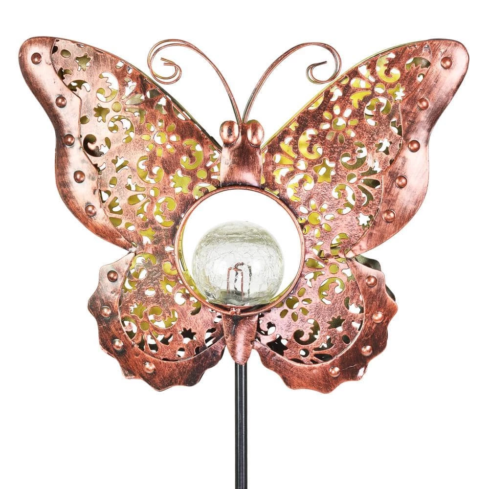 Exhart Solar Fleur de Lis Filigree Butterfly with Glass Crackle Ball Center 3.25 ft. Bronze Metal Garden Stake 3 Exhart Solar Fleur de Lis Filigree Butterfly with Glass Crackle Ball Center 3.25 ft. Bronze Metal Garden Stake