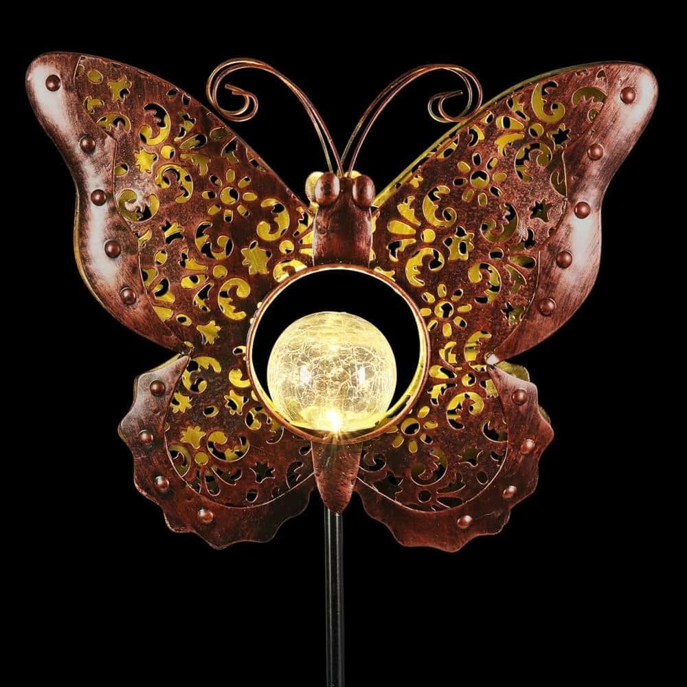 Exhart Solar Fleur de Lis Filigree Butterfly with Glass Crackle Ball Center 3.25 ft. Bronze Metal Garden Stake 9 Exhart Solar Fleur de Lis Filigree Butterfly with Glass Crackle Ball Center 3.25 ft. Bronze Metal Garden Stake - Image 7