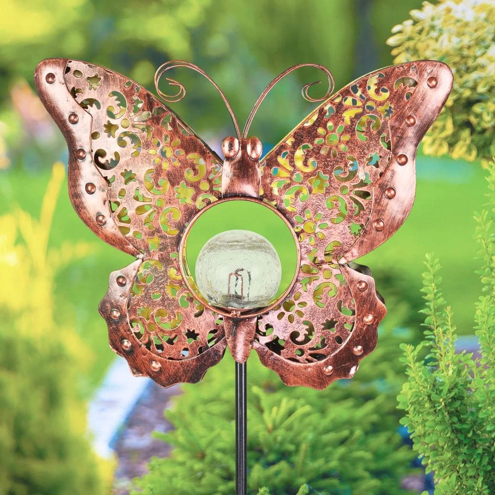 Exhart Solar Fleur de Lis Filigree Butterfly with Glass Crackle Ball Center 3.25 ft. Bronze Metal Garden Stake 4 Exhart Solar Fleur de Lis Filigree Butterfly with Glass Crackle Ball Center 3.25 ft. Bronze Metal Garden Stake - Image 2