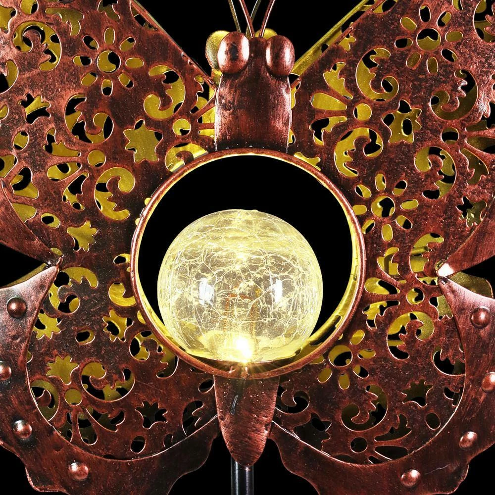 Exhart Solar Fleur de Lis Filigree Butterfly with Glass Crackle Ball Center 3.25 ft. Bronze Metal Garden Stake 8 Exhart Solar Fleur de Lis Filigree Butterfly with Glass Crackle Ball Center 3.25 ft. Bronze Metal Garden Stake - Image 6