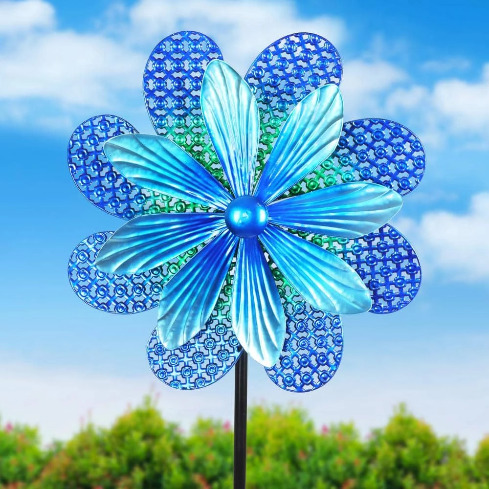 Exhart 5.77 ft. Stamped Double Pinwheel Kinetic Flower Garden Spinner Multi-Color Metal Garden Stake 10 Exhart 5.77 ft. Stamped Double Pinwheel Kinetic Flower Garden Spinner Multi-Color Metal Garden Stake - Image 8