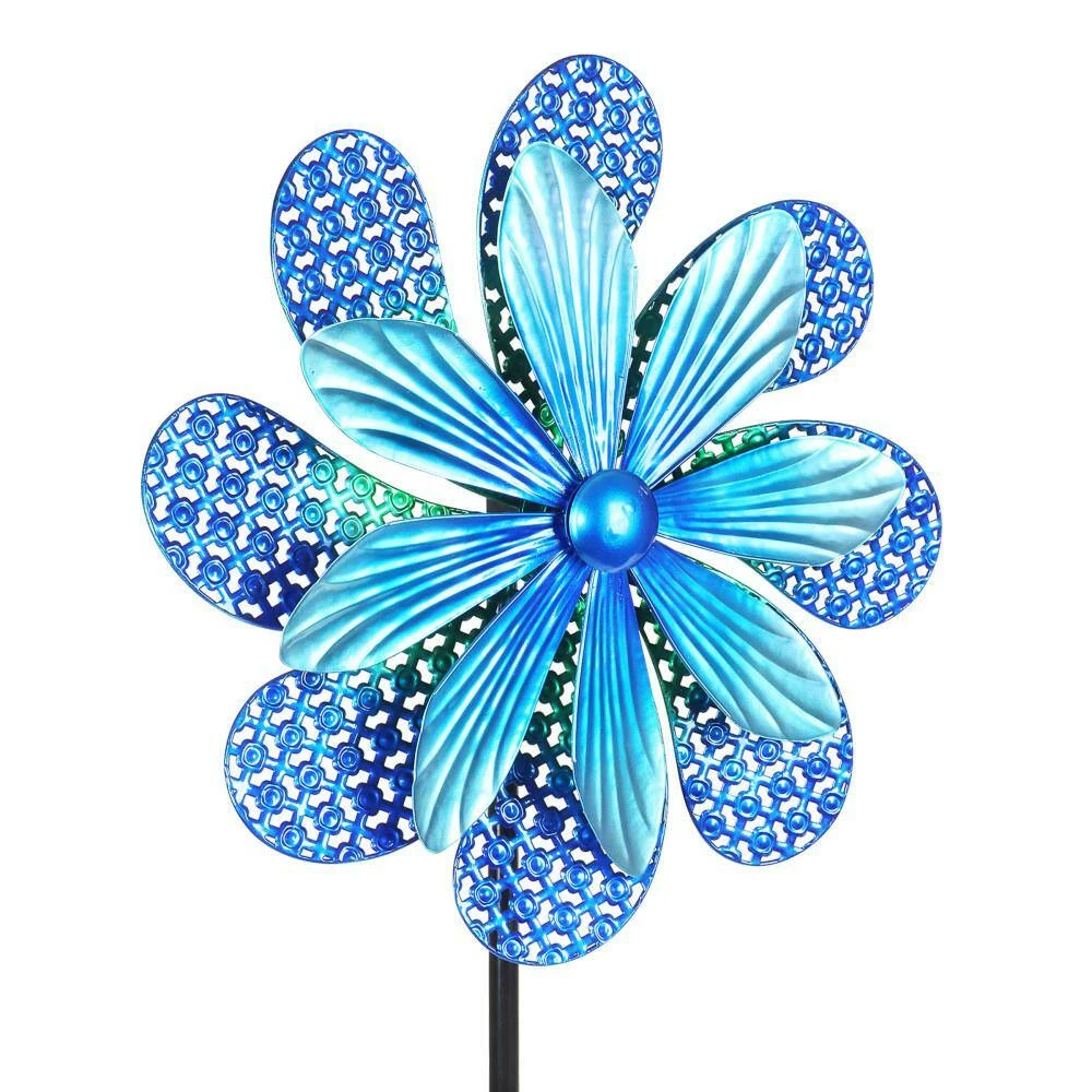 Exhart 5.77 ft. Stamped Double Pinwheel Kinetic Flower Garden Spinner Multi-Color Metal Garden Stake 7 Exhart 5.77 ft. Stamped Double Pinwheel Kinetic Flower Garden Spinner Multi-Color Metal Garden Stake - Image 5