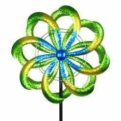 Exhart 5.77 ft. Colorful Double Kinetic Pinwheel Garden Spinner Green Metal Garden Stake