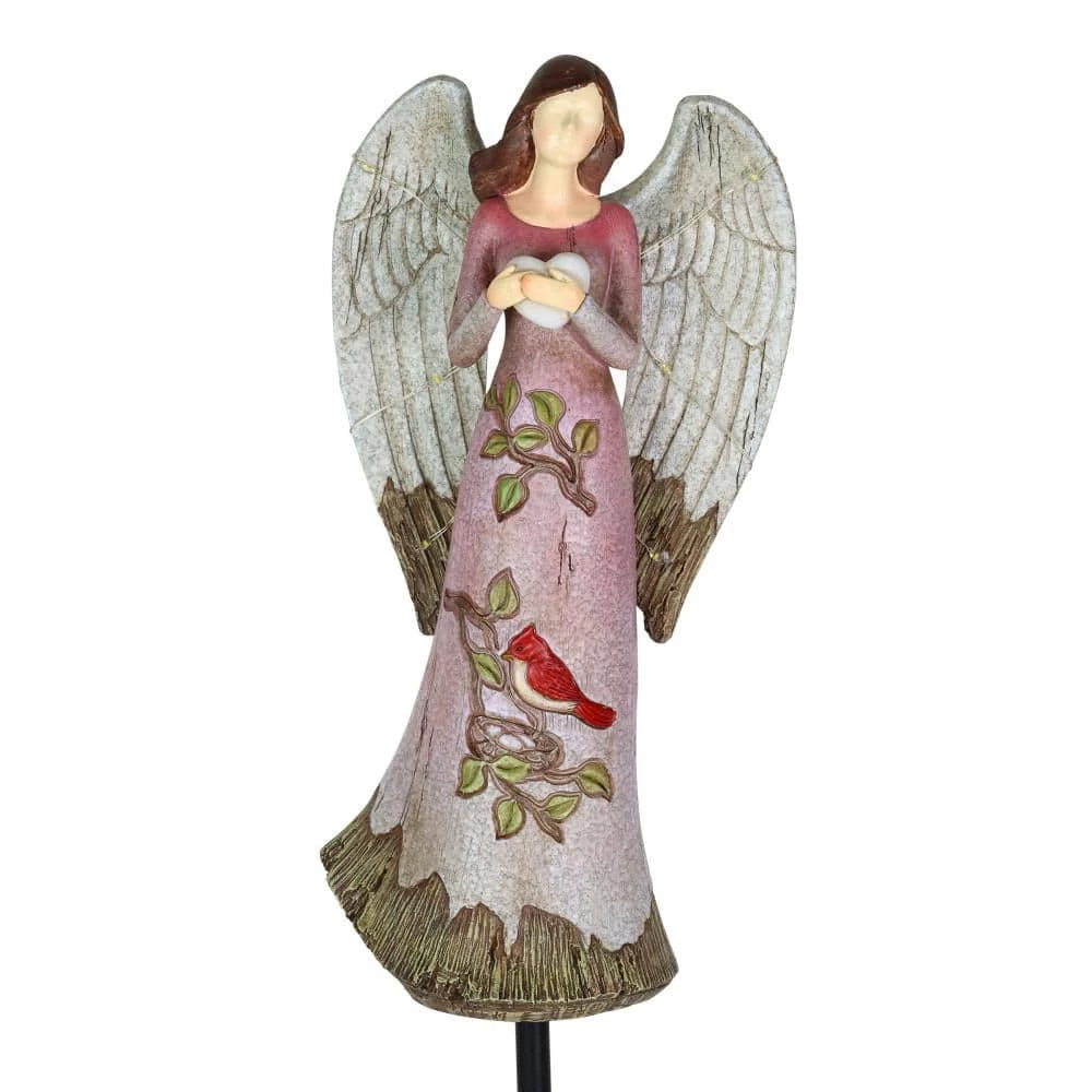 Exhart Solar Hand Painted Angel with Heart and Cardinal 1.53 ft. Multi-Color Resin Garden Stake 3 Exhart Solar Hand Painted Angel with Heart and Cardinal 1.53 ft. Multi-Color Resin Garden Stake