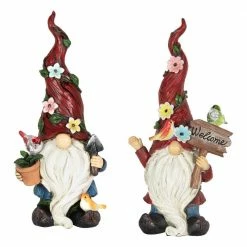 Exhart 12 in. Solar with Welcome Sign Gnomes Garden Statue (2-Pack)