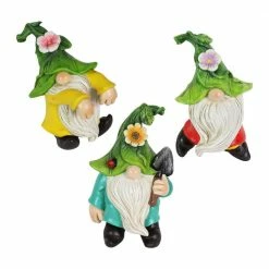 Exhart Hand Painted Leaf Hat Pot Perchers, 3.5 in. x 4.5 Gnome Garden Statue (3-Pack)