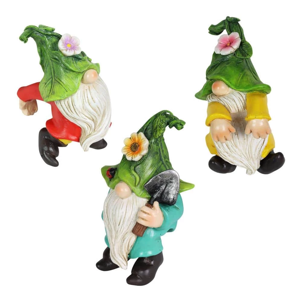 Exhart Hand Painted Leaf Hat Pot Perchers, 3.5 in. x 4.5 Gnome Garden Statue (3-Pack) 4 Exhart Hand Painted Leaf Hat Pot Perchers, 3.5 in. x 4.5 Gnome Garden Statue (3-Pack) - Image 2