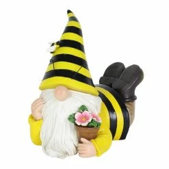 Exhart Solar Beekeeper with Flower Pot, 5.5 in. x 8.5 in. Gnome Garden Statue