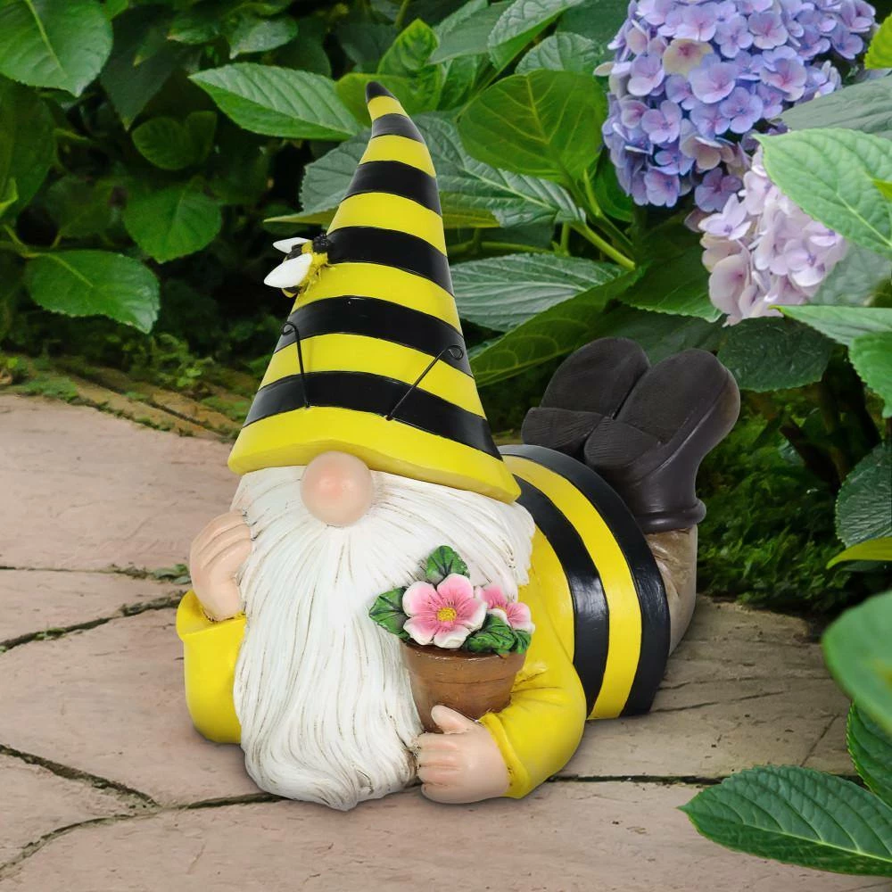 Exhart Solar Beekeeper with Flower Pot, 5.5 in. x 8.5 in. Gnome Garden Statue 5 Exhart Solar Beekeeper with Flower Pot, 5.5 in. x 8.5 in. Gnome Garden Statue - Image 3