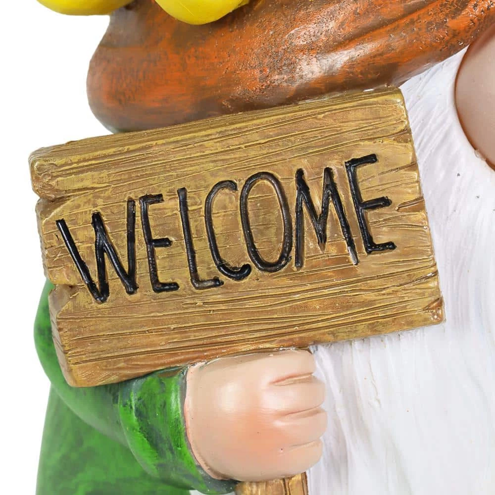 Exhart Solar Glow Nose with a Sunflower Hat and Welcome Sign, 5.5 in. x 7.5 in. Gnome Garden Statue 4 Exhart Solar Glow Nose with a Sunflower Hat and Welcome Sign, 5.5 in. x 7.5 in. Gnome Garden Statue - Image 2