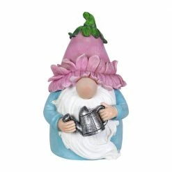 Exhart Solar Glow Nose with a Pink Flower Hat and Watering Can, 5 in. x 7.5 in. Gnome Garden Statue