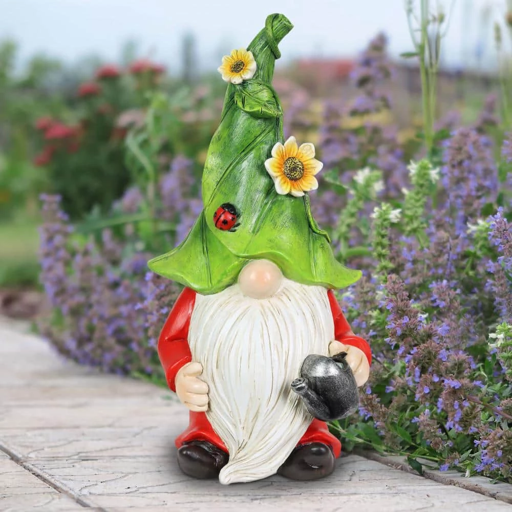 Exhart Hand Painted Green Leaf Hat with a Watering Can, 5.5 in. x 10.5 in. Gnome Garden Statue 9 Exhart Hand Painted Green Leaf Hat with a Watering Can, 5.5 in. x 10.5 in. Gnome Garden Statue - Image 7