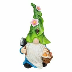 Exhart Hand Painted Green Leaf Hat with a Mushroom Basket, 5.5 in. x 10.5 in. Gnome Garden Statue