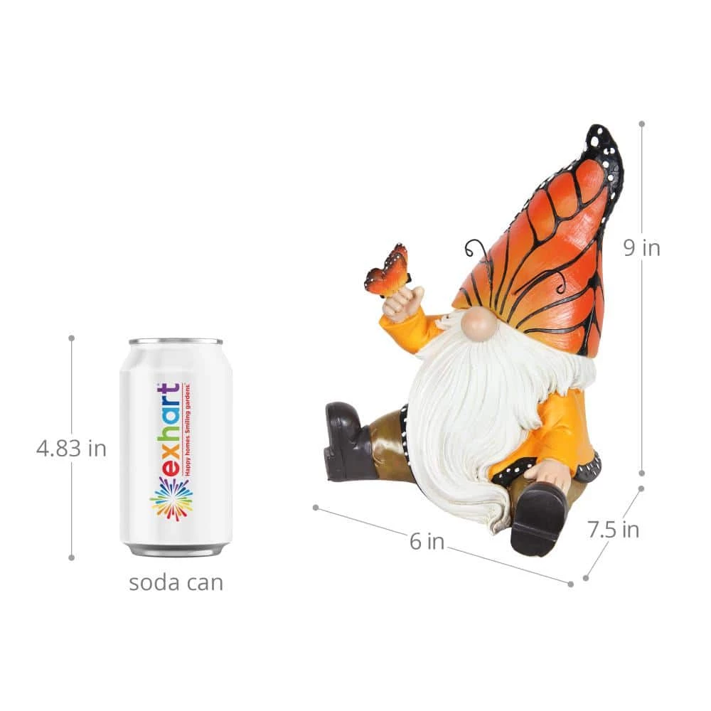 Exhart Solar Hand Painted Monarch Butterfly Hat, 6 in. x 9 in. Gnome Garden Statue 7 Exhart Solar Hand Painted Monarch Butterfly Hat, 6 in. x 9 in. Gnome Garden Statue - Image 5