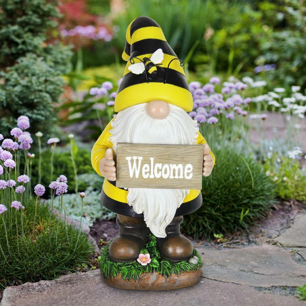 Exhart 6 in. x 13 in. Solar Beekeeper with Welcome Sign, Gnome Garden Statue 4 Exhart 6 in. x 13 in. Solar Beekeeper with Welcome Sign, Gnome Garden Statue - Image 2