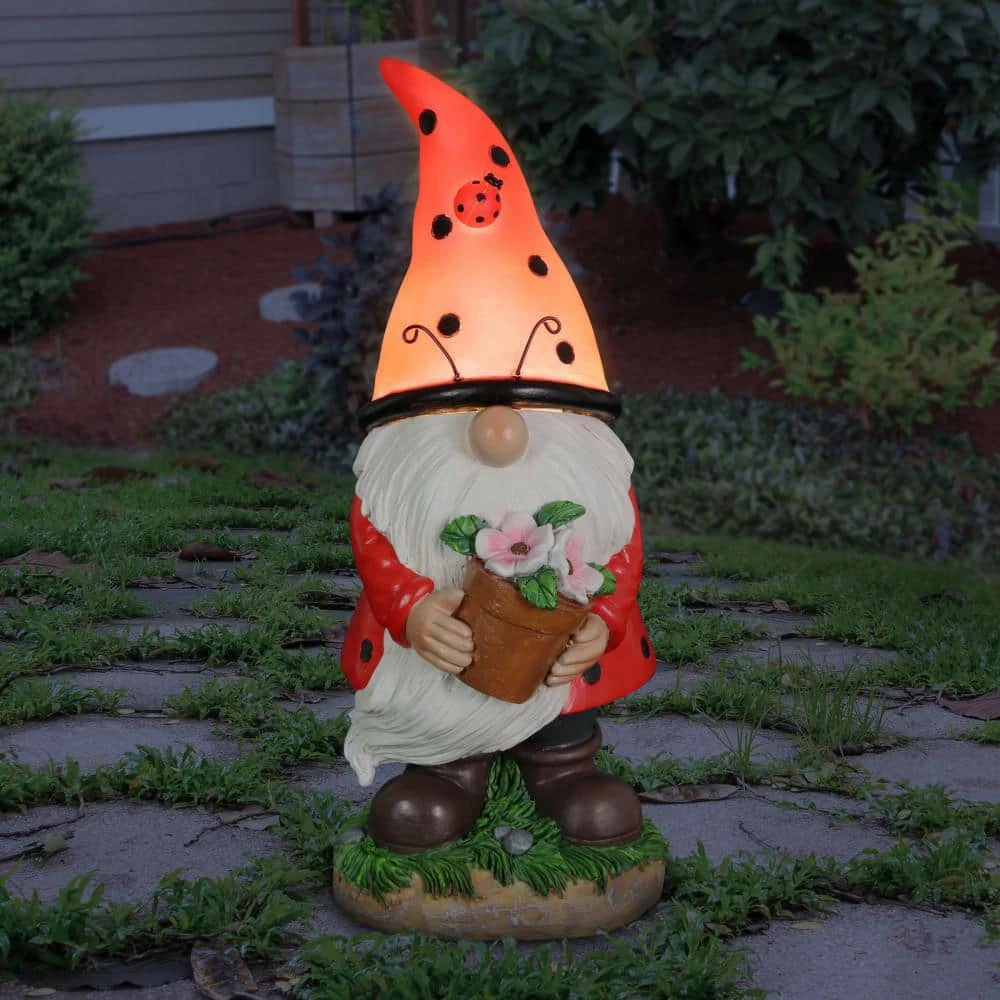Exhart 5 in. in. x 12.5 in. Solar Ladybug Hat with Pink Flower Pot, Gnome Garden Statue 10 Exhart 5 in. in. x 12.5 in. Solar Ladybug Hat with Pink Flower Pot, Gnome Garden Statue - Image 8