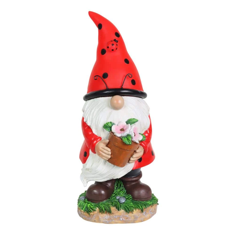 Exhart 5 in. in. x 12.5 in. Solar Ladybug Hat with Pink Flower Pot, Gnome Garden Statue 3 Exhart 5 in. in. x 12.5 in. Solar Ladybug Hat with Pink Flower Pot, Gnome Garden Statue