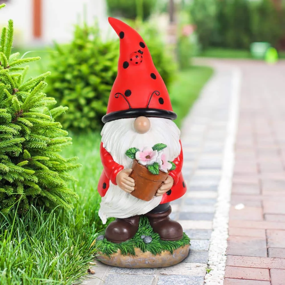 Exhart 5 in. in. x 12.5 in. Solar Ladybug Hat with Pink Flower Pot, Gnome Garden Statue 4 Exhart 5 in. in. x 12.5 in. Solar Ladybug Hat with Pink Flower Pot, Gnome Garden Statue - Image 2