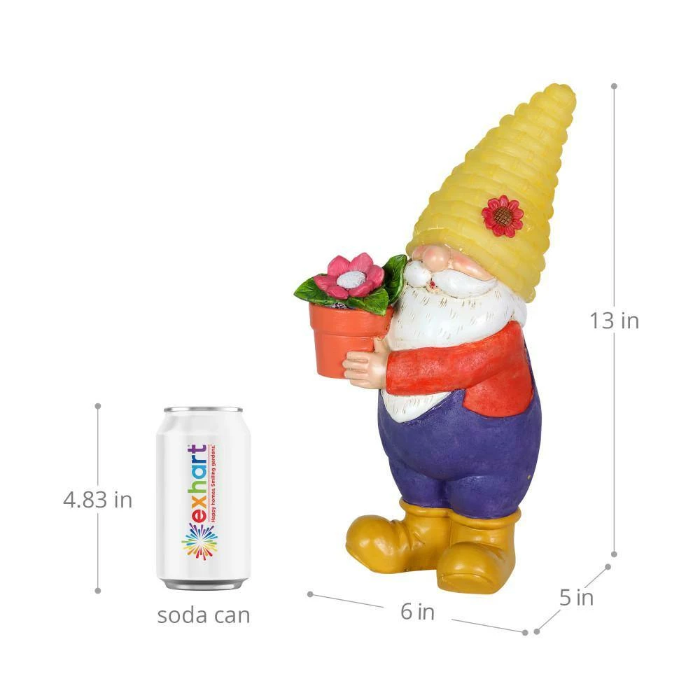 Exhart 6 in. x 13 in. Solar Yellow Hat With Flower Pot, Gnome Garden Statue 7 Exhart 6 in. x 13 in. Solar Yellow Hat With Flower Pot, Gnome Garden Statue - Image 5