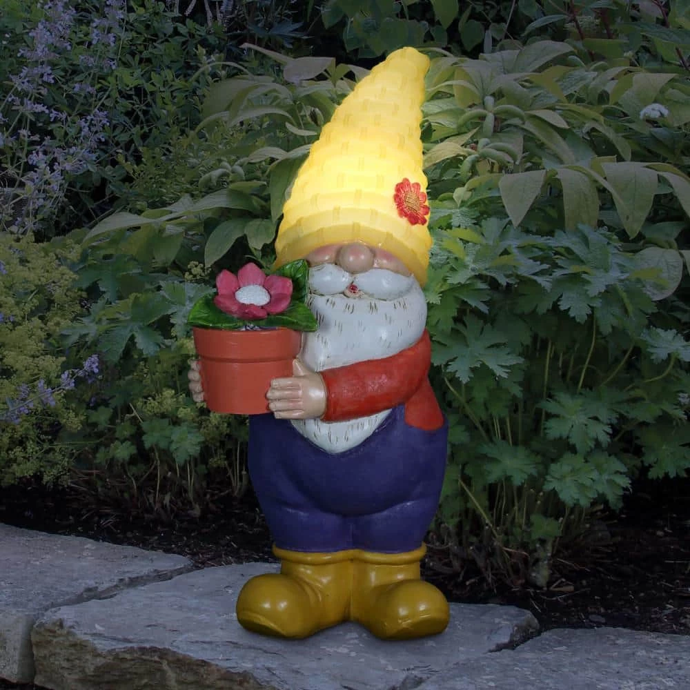 Exhart 6 in. x 13 in. Solar Yellow Hat With Flower Pot, Gnome Garden Statue 11 Exhart 6 in. x 13 in. Solar Yellow Hat With Flower Pot, Gnome Garden Statue - Image 9