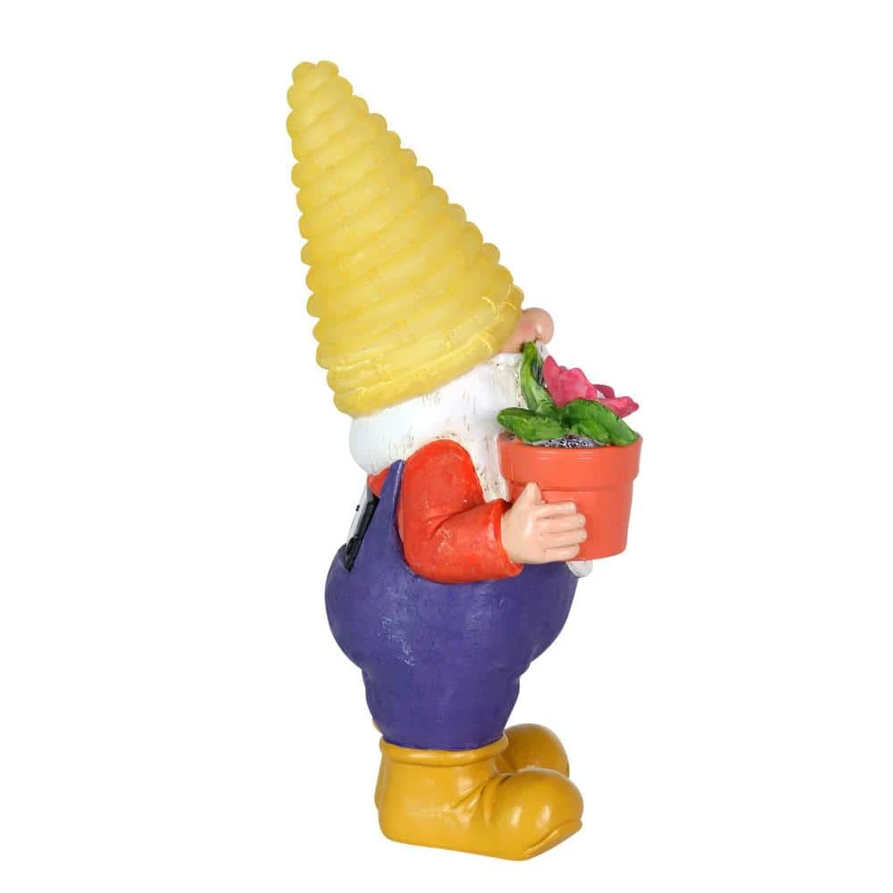 Exhart 6 in. x 13 in. Solar Yellow Hat With Flower Pot, Gnome Garden Statue 4 Exhart 6 in. x 13 in. Solar Yellow Hat With Flower Pot, Gnome Garden Statue - Image 2