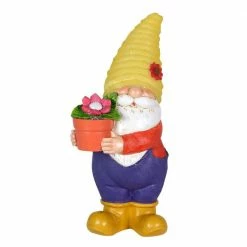 Exhart 6 in. x 13 in. Solar Yellow Hat With Flower Pot, Gnome Garden Statue
