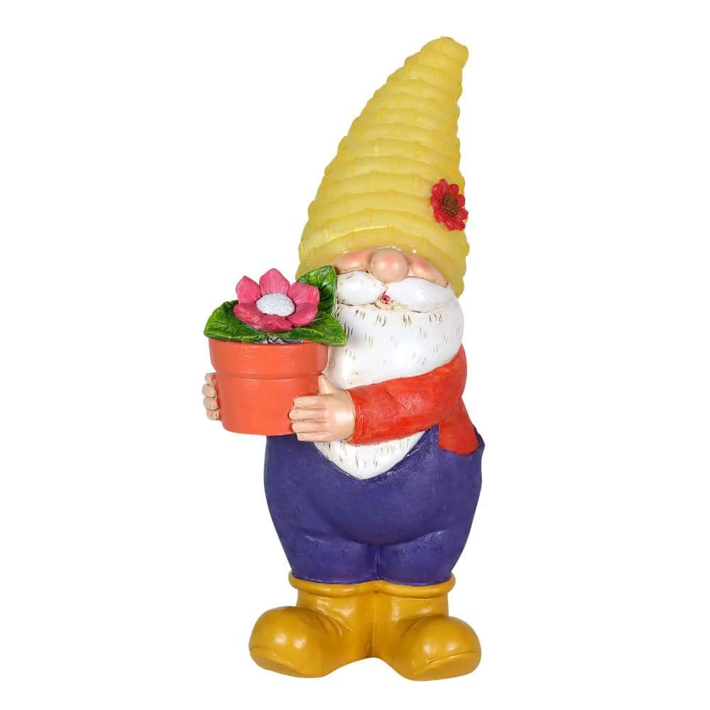 Exhart 6 in. x 13 in. Solar Yellow Hat With Flower Pot, Gnome Garden Statue 3 Exhart 6 in. x 13 in. Solar Yellow Hat With Flower Pot, Gnome Garden Statue
