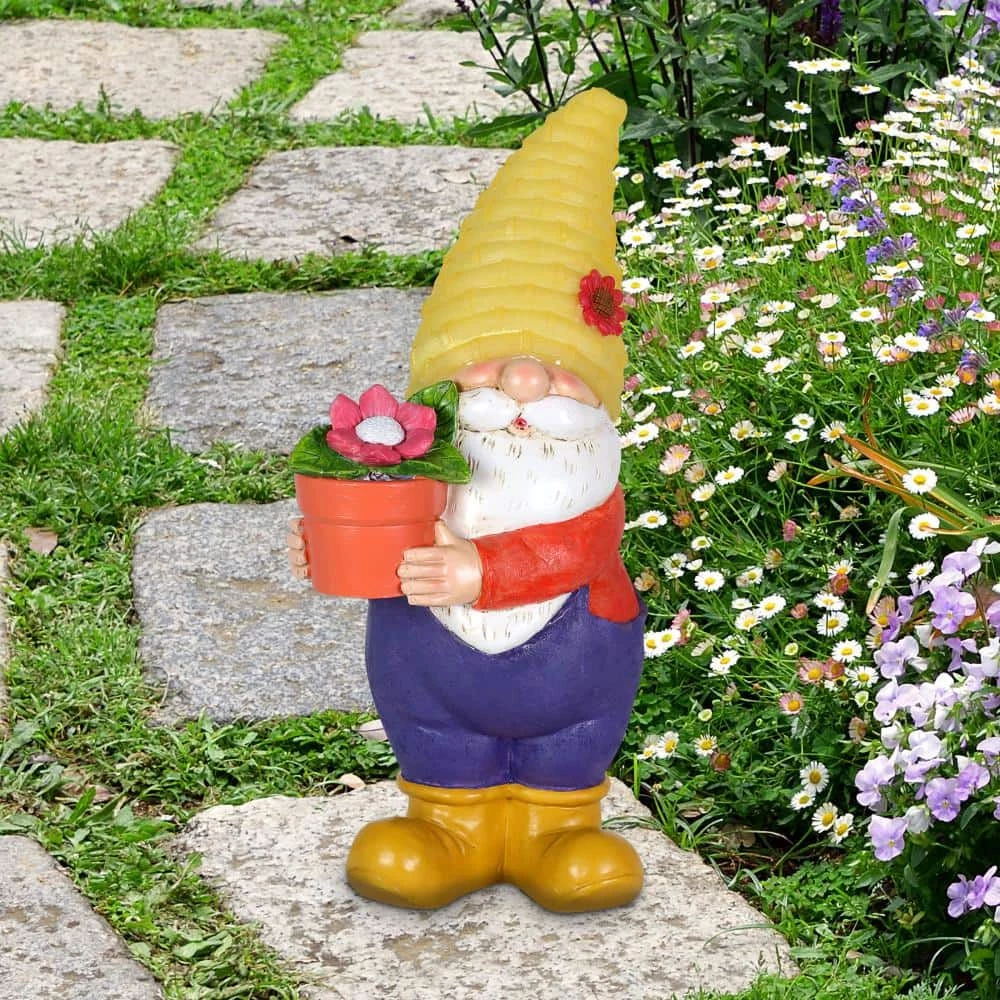 Exhart 6 in. x 13 in. Solar Yellow Hat With Flower Pot, Gnome Garden Statue 5 Exhart 6 in. x 13 in. Solar Yellow Hat With Flower Pot, Gnome Garden Statue - Image 3