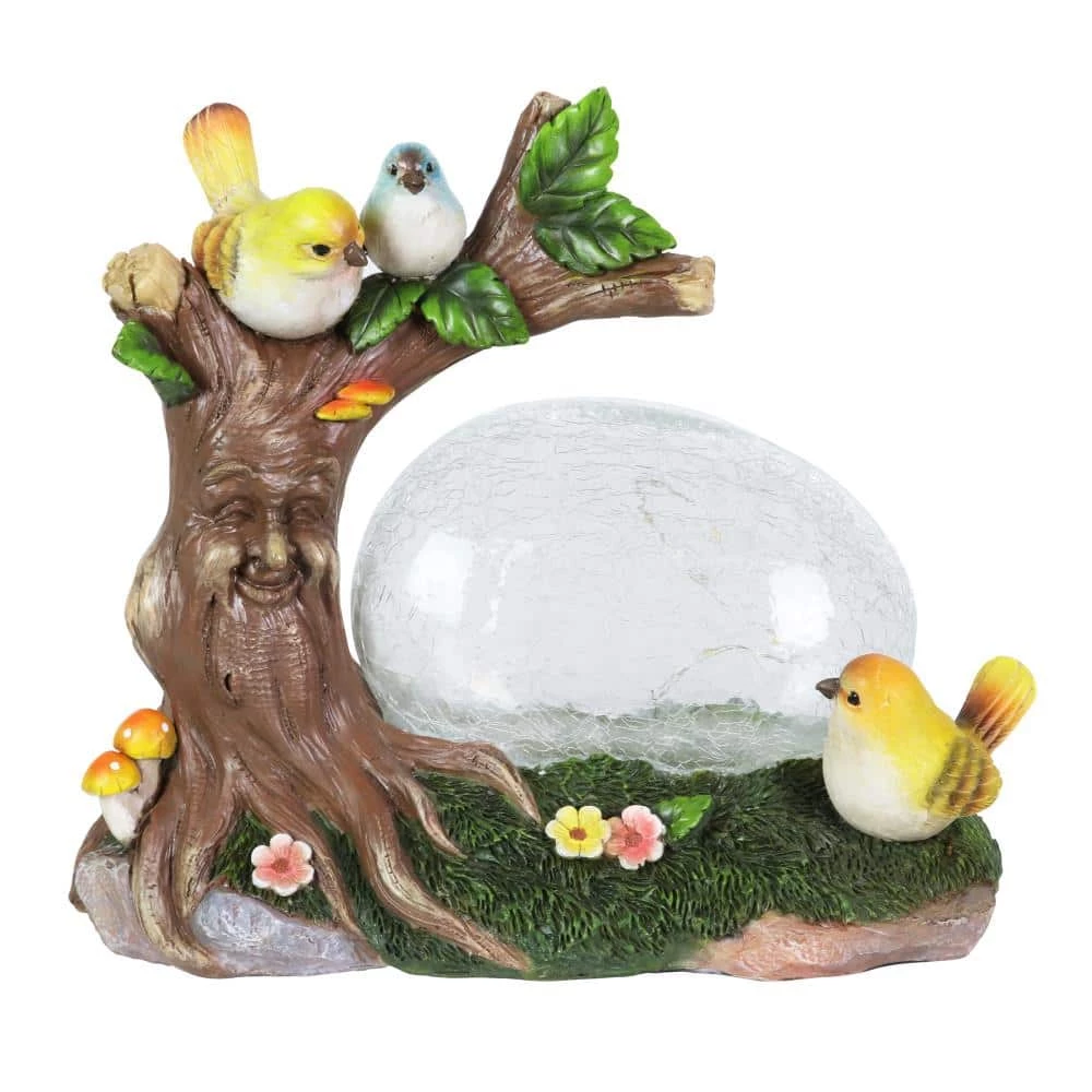 Exhart 10.5 in. x 9 in. Solar Enchanted Crackle Glass Orb with Birds on a Tree Stump Garden Statue 3 Exhart 10.5 in. x 9 in. Solar Enchanted Crackle Glass Orb with Birds on a Tree Stump Garden Statue