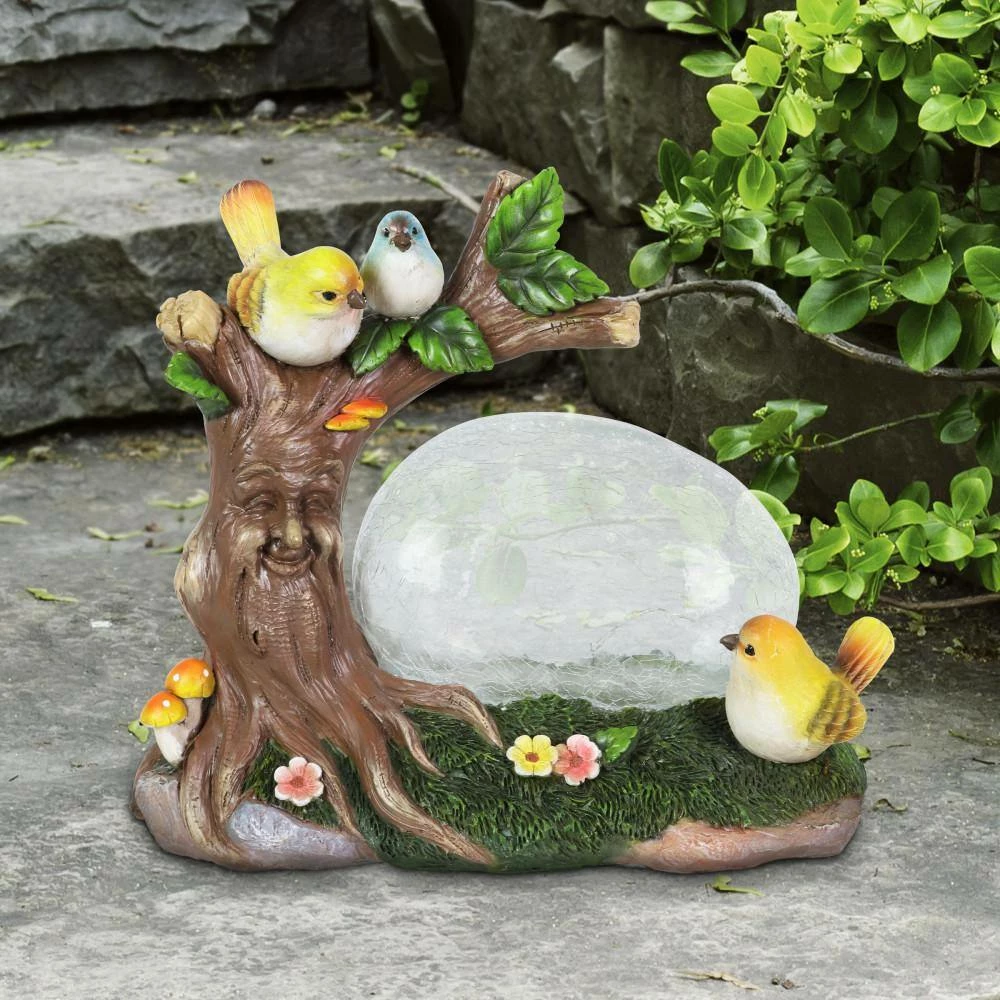Exhart 10.5 in. x 9 in. Solar Enchanted Crackle Glass Orb with Birds on a Tree Stump Garden Statue 6 Exhart 10.5 in. x 9 in. Solar Enchanted Crackle Glass Orb with Birds on a Tree Stump Garden Statue - Image 4